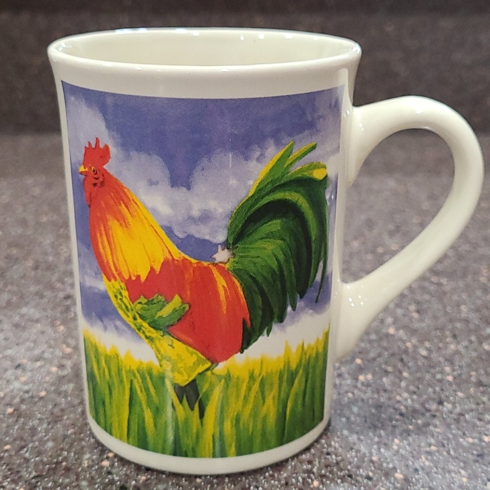 Rooster Mugs set of 4 Cups Coffee Tea Bay Island Vintage Farm Designs Slim 8 oz - Picture 9 of 16